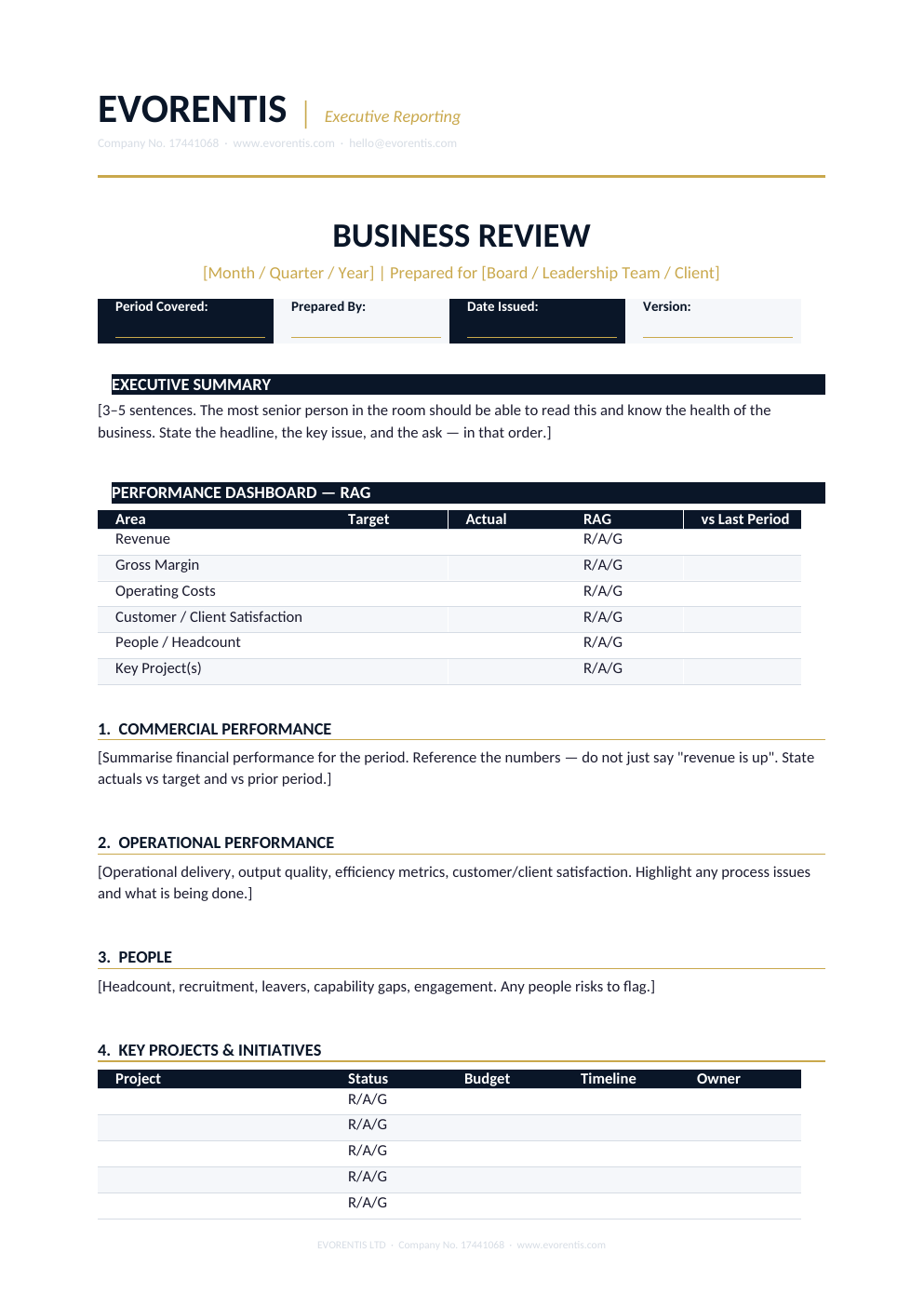 Actual preview of Business Review / Board Pack
